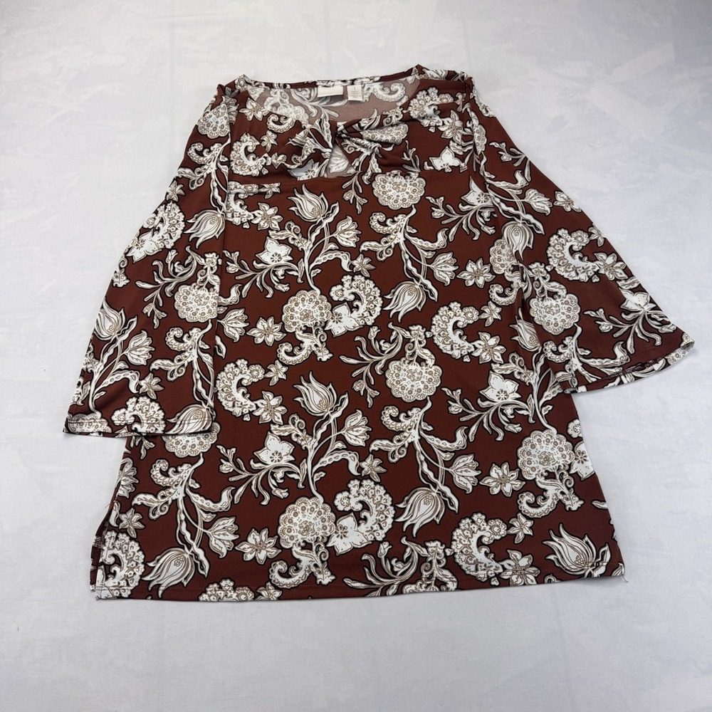 Chico's Womens Size 1 Medium Rust Brown Paisley Floral 3/4 Sleeve Tunic Top